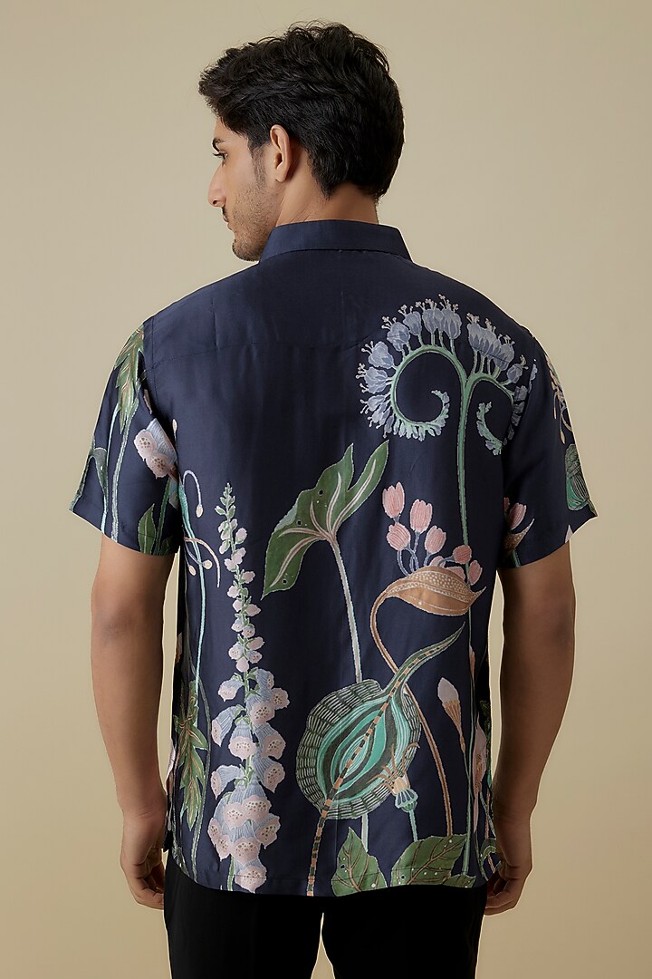Navy Blue Modal Satin Digital Printed Shirt by Payal Singhal Men at Pernia's Pop Up Shop