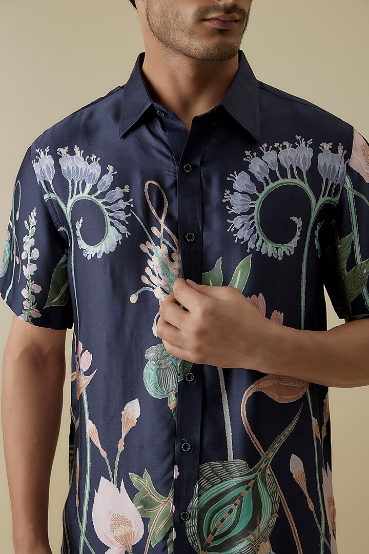 Navy Blue Modal Satin Digital Printed Shirt by Payal Singhal Men at Pernia's Pop Up Shop