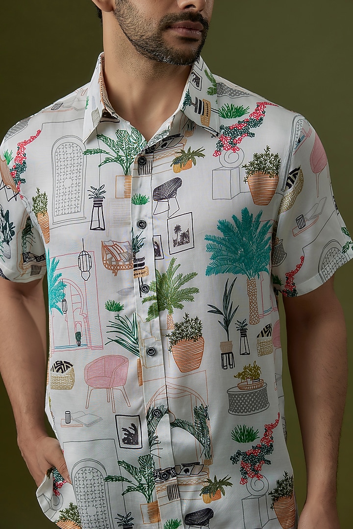 White Modal Satin Digital Printed Shirt by Payal Singhal Men at Pernia's Pop Up Shop
