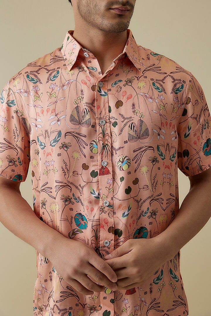 Peach Modal Satin Digital Printed Shirt by Payal Singhal Men at Pernia's Pop Up Shop