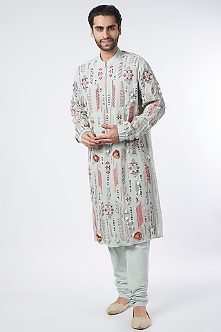 Pale Blue Embroidered Bomber Kurta Set by Payal Singhal Men