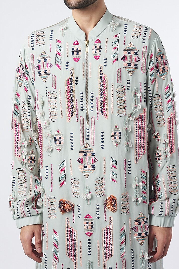 Pale Blue Embroidered Bomber Kurta Set by Payal Singhal Men at Pernia's Pop Up Shop