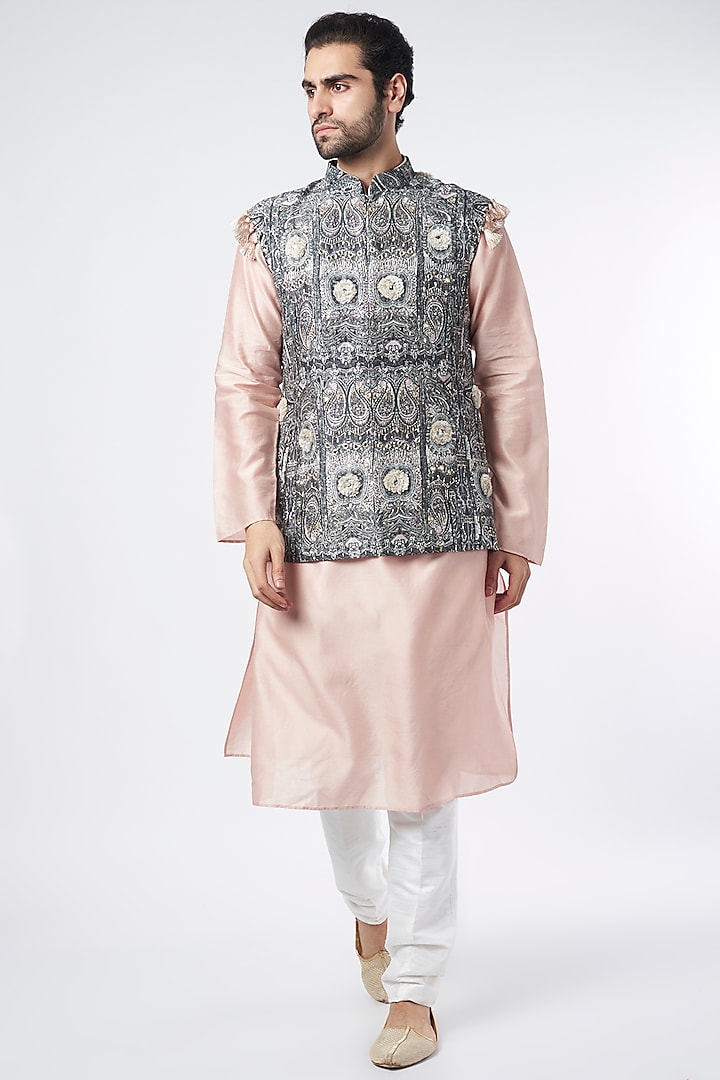 Black & Pink Embroidered Bundi Jacket With Kurta Set by Payal Singhal Men