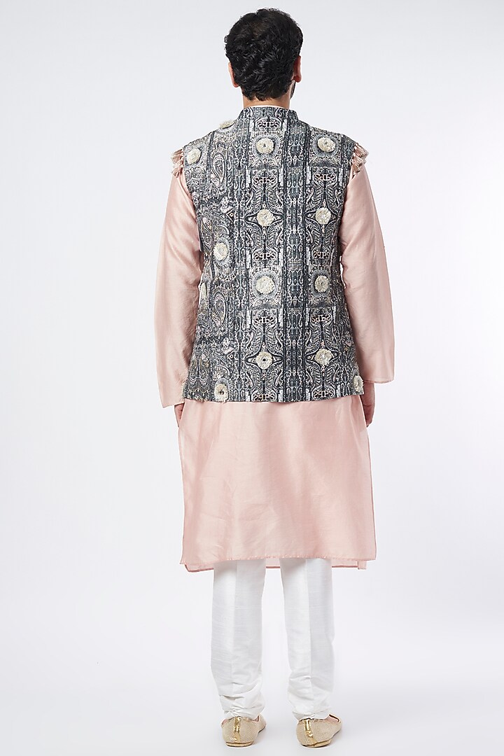 Black & Pink Dupion Silk Embroidered Bundi Jacket by Payal Singhal Men at Pernia's Pop Up Shop