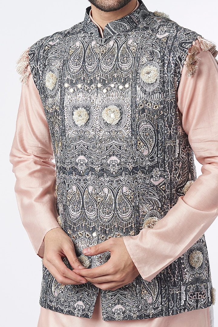 Black & Pink Dupion Silk Embroidered Bundi Jacket by Payal Singhal Men at Pernia's Pop Up Shop