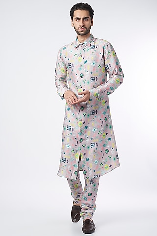 Powder Lilac Printed Shirt Kurta Set by Payal Singhal Men