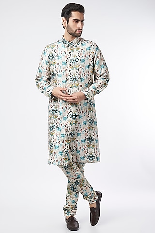 White Printed Shirt Kurta Set by Payal Singhal Men