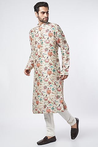Khaki Printed Kurta Set by Payal Singhal Men