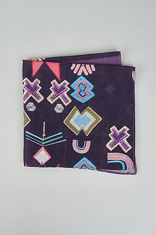 Dark Purple Silk Mul Printed Pocket Square by PAYAL SINGHAL ACCESSORIES