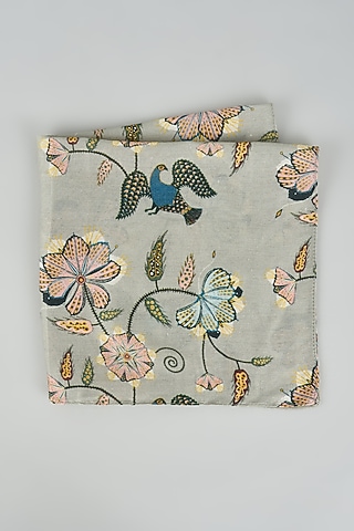 Grey Silk Mul Printed Pocket Square by PAYAL SINGHAL ACCESSORIES