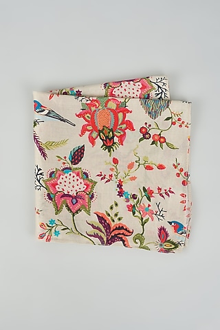 Beige Silk Mul Printed Pocket Square by PAYAL SINGHAL ACCESSORIES