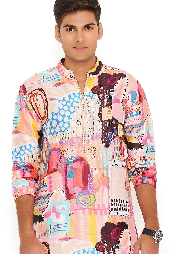 Peach Dupion Silk Printed Bomber Kurta Set by Payal Singhal Men at Pernia's Pop Up Shop