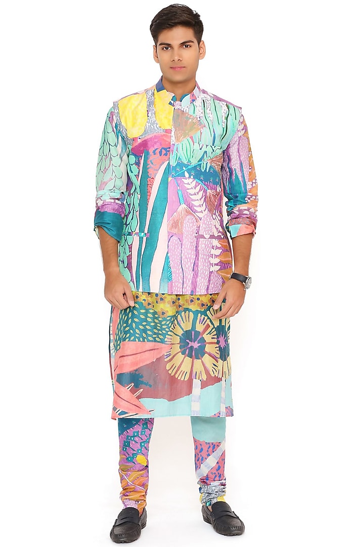 Multi-Colored Dupion Silk Printed Bundi Jacket Set by Payal Singhal Men