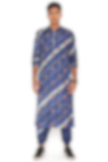 Navy Blue Bandhani Silk Embroidered Kurta Set by Payal Singhal Men