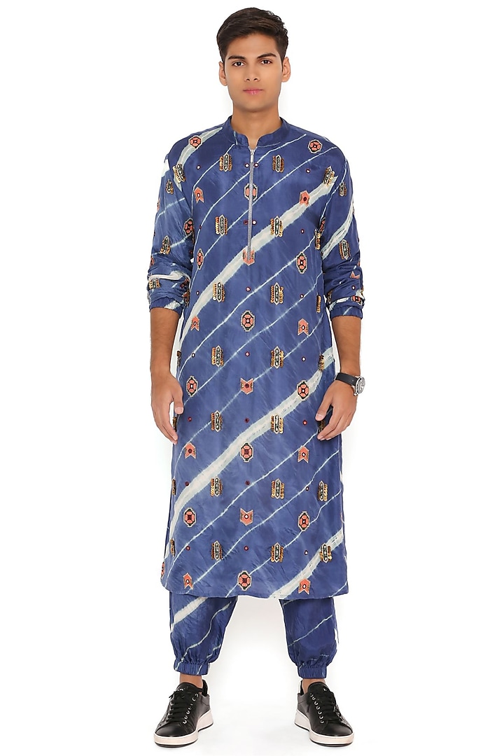 Navy Blue Bandhani Silk Embroidered Kurta Set by Payal Singhal Men