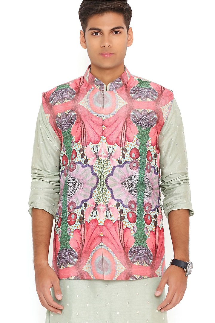 Multi-Colored Dupion Silk Printed Bundi Jacket Set by Payal Singhal Men at Pernia's Pop Up Shop