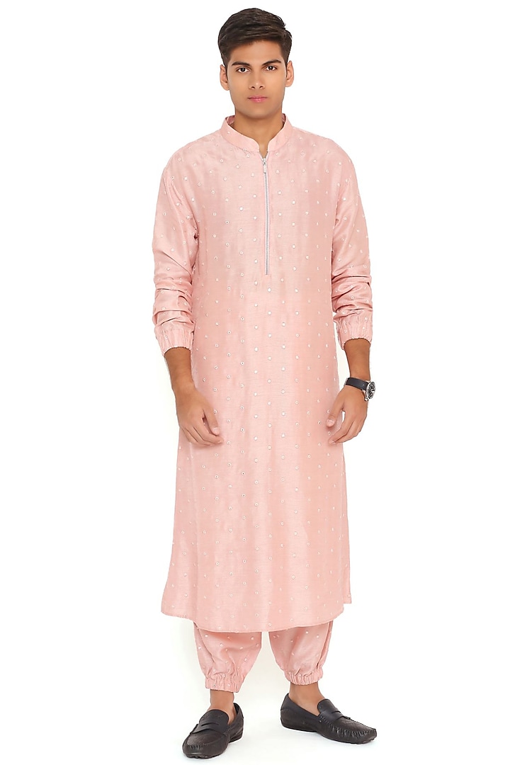 Blush Pink Abla Silk Bomber Kurta Set by Payal Singhal Men