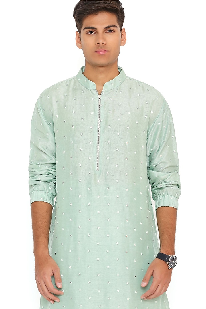 Powder Blue Abla Silk Bomber Kurta Set by Payal Singhal Men at Pernia's Pop Up Shop