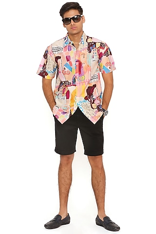 Peach Abla Silk Trance Printed Shirt by Payal Singhal Men