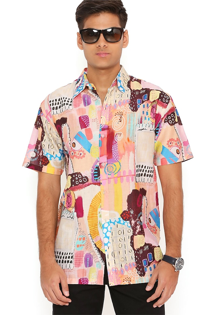 Peach Abla Silk Trance Printed Party Wear Shirt by Payal Singhal Men at Pernia's Pop Up Shop