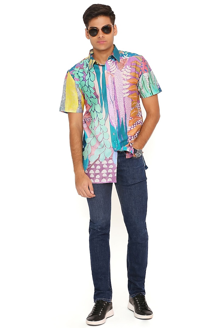 Multi-Colored Silk Mul Printed Shirt by Payal Singhal Men