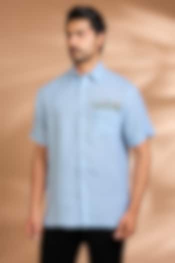 Powder Blue Linen Party Wear Shirt by Payal Singhal Men at Pernia's Pop Up Shop