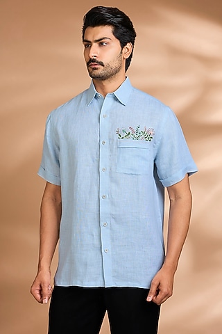 Powder Blue Linen Shirt by Payal Singhal Men