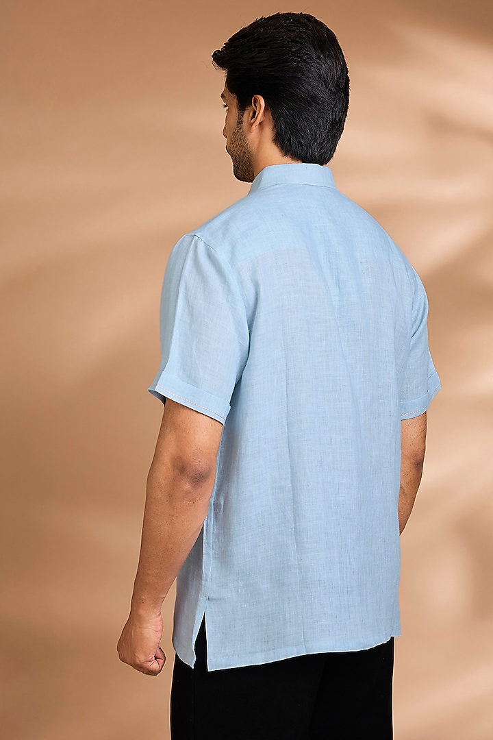 Powder Blue Linen Party Wear Shirt by Payal Singhal Men at Pernia's Pop Up Shop