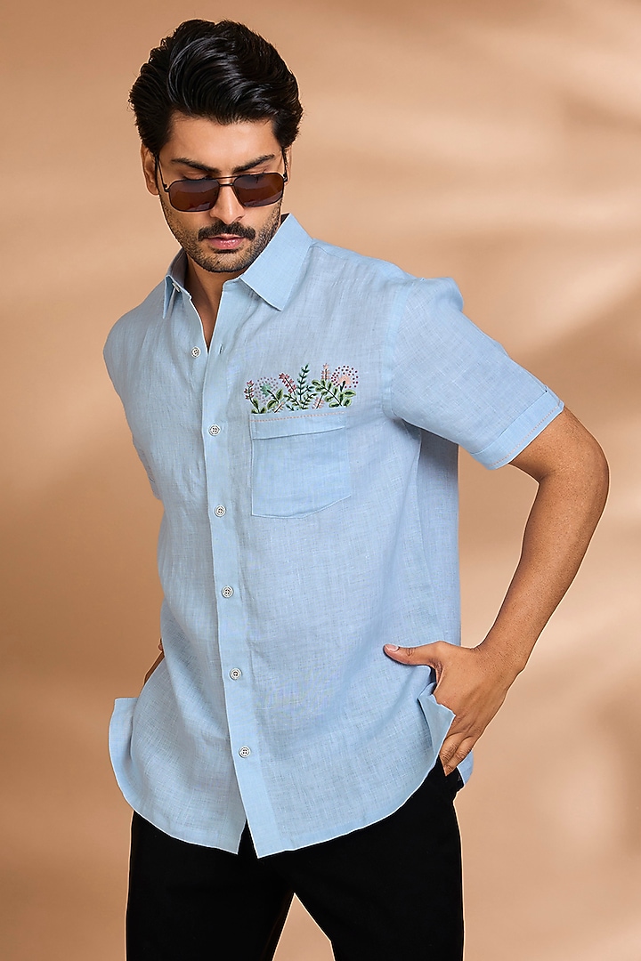 Powder Blue Linen Party Wear Shirt by Payal Singhal Men at Pernia's Pop Up Shop