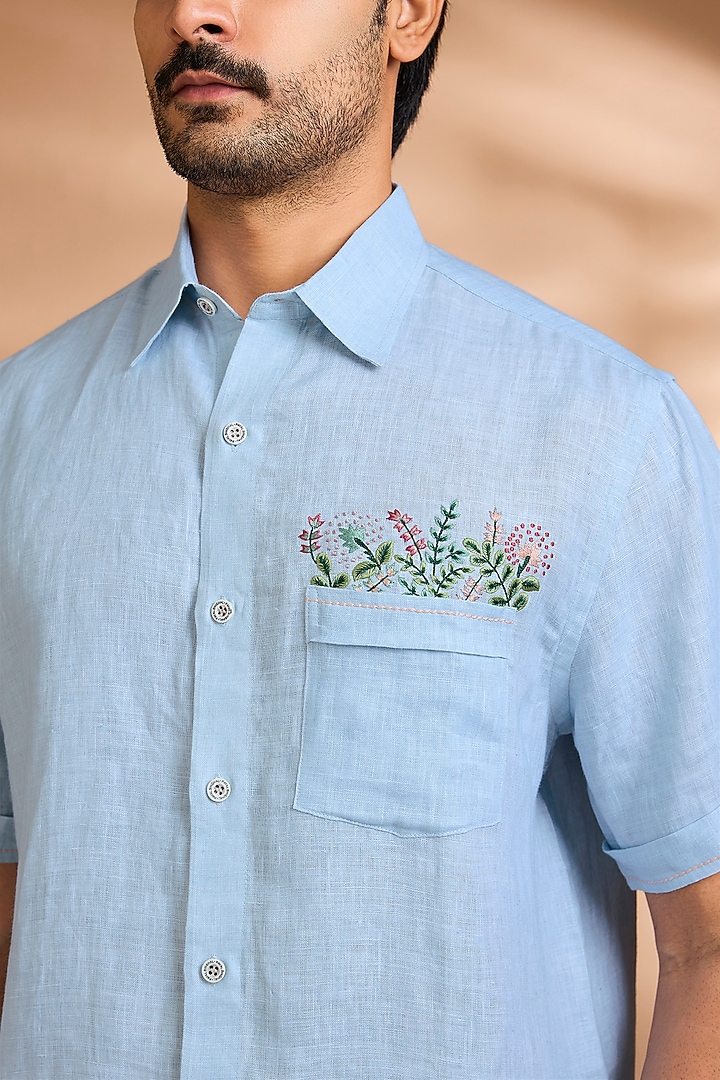 Powder Blue Linen Party Wear Shirt by Payal Singhal Men at Pernia's Pop Up Shop