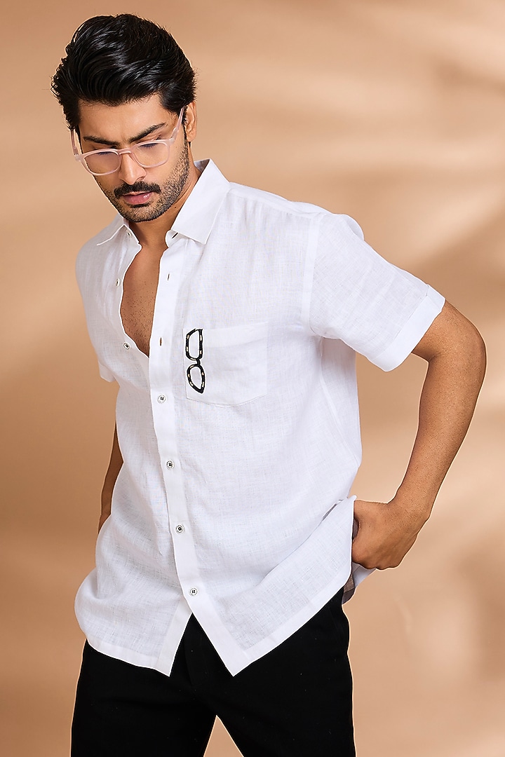 White Linen Party Wear Shirt by Payal Singhal Men at Pernia's Pop Up Shop
