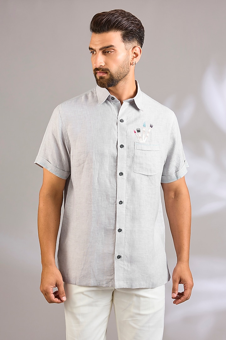Grey Linen Party Wear Shirt by Payal Singhal Men at Pernia's Pop Up Shop