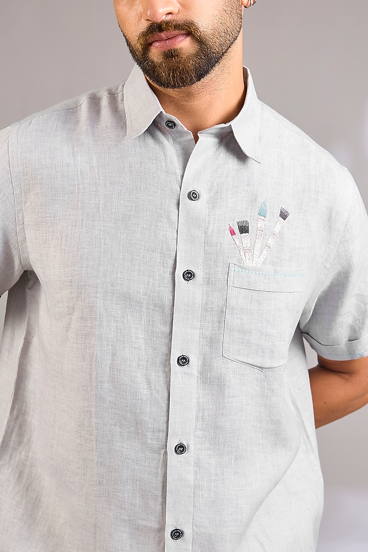 Grey Linen Party Wear Shirt by Payal Singhal Men at Pernia's Pop Up Shop