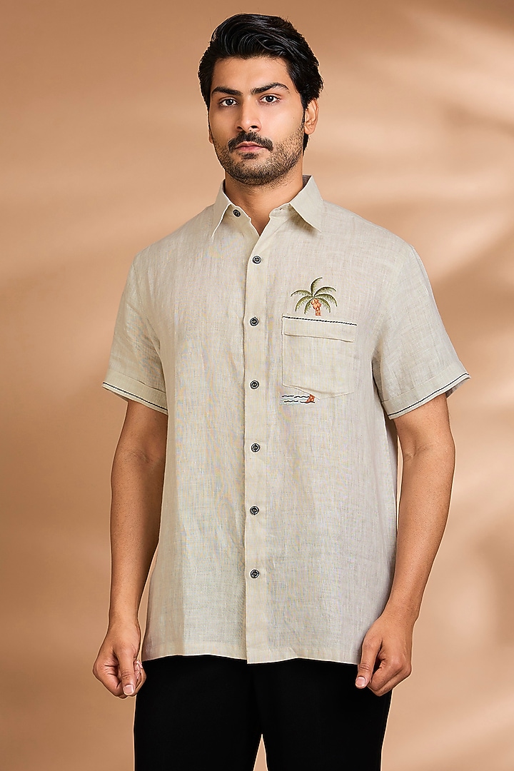 Beige Linen Party Wear Shirt by Payal Singhal Men at Pernia's Pop Up Shop