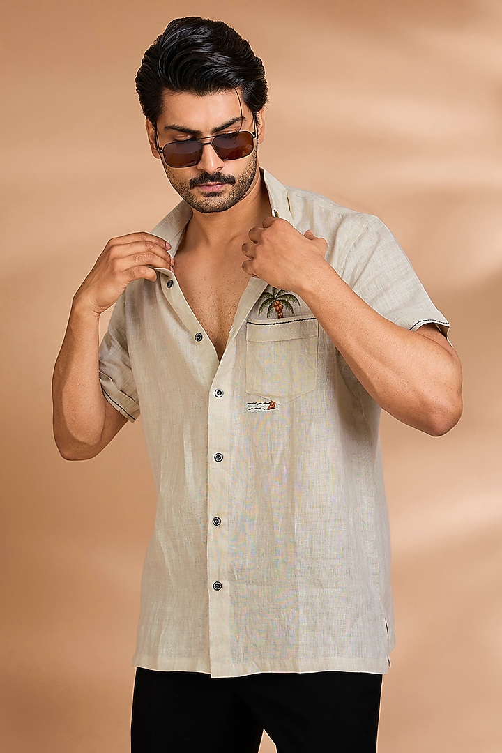 Beige Linen Party Wear Shirt by Payal Singhal Men at Pernia's Pop Up Shop