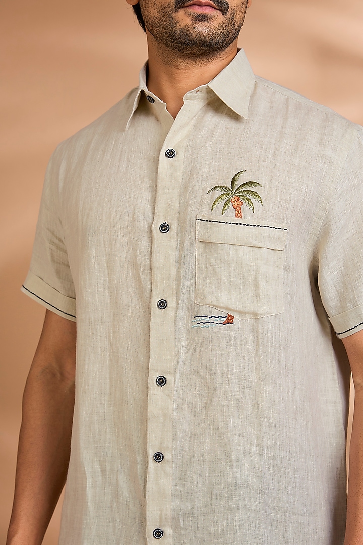Beige Linen Party Wear Shirt by Payal Singhal Men at Pernia's Pop Up Shop