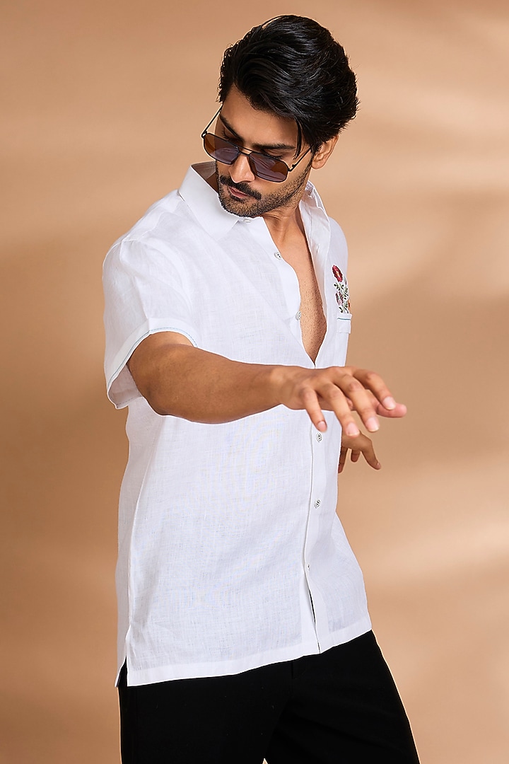 White Linen Party Wear Shirt by Payal Singhal Men at Pernia's Pop Up Shop