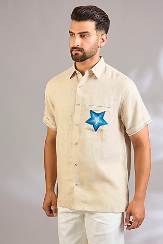 Beige Linen Shirt by Payal Singhal Men
