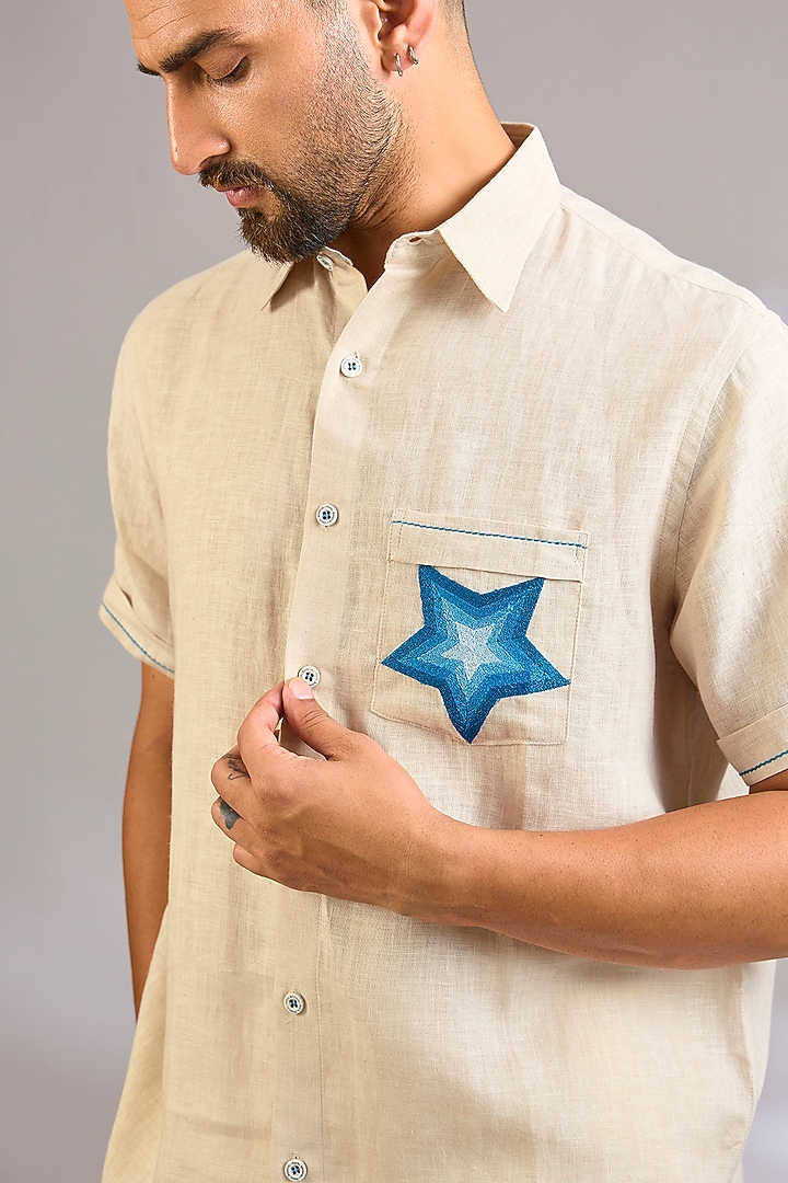 Beige Linen Party Wear Shirt by Payal Singhal Men at Pernia's Pop Up Shop