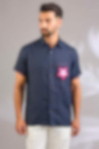 Navy Blue Linen Party Wear Shirt by Payal Singhal Men at Pernia's Pop Up Shop