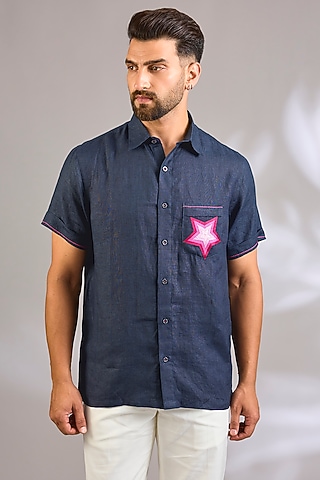 Navy Blue Linen Shirt by Payal Singhal Men