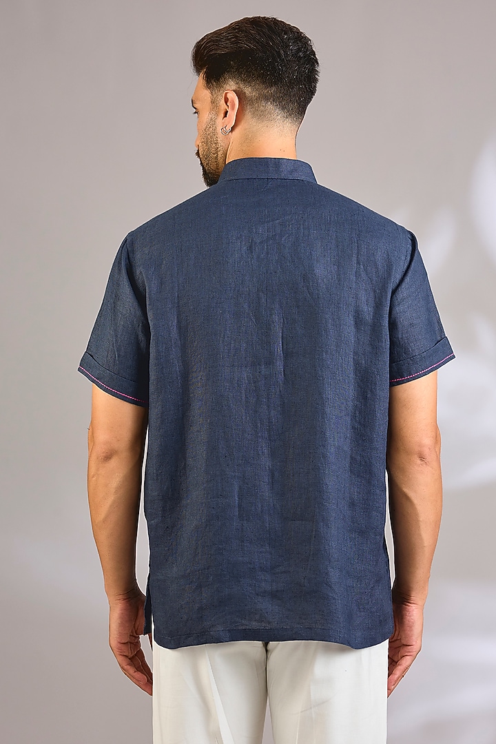 Navy Blue Linen Party Wear Shirt by Payal Singhal Men at Pernia's Pop Up Shop