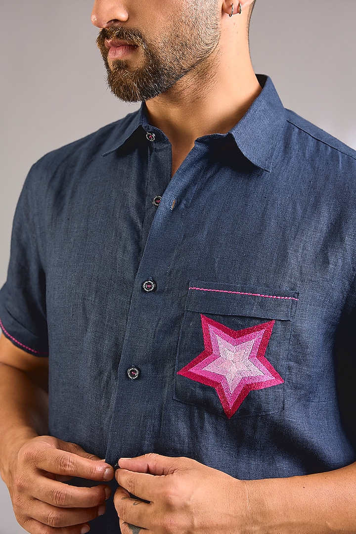 Navy Blue Linen Party Wear Shirt by Payal Singhal Men at Pernia's Pop Up Shop