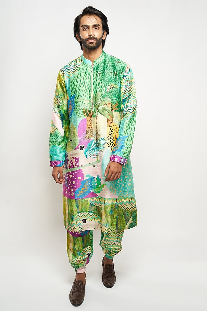 Green Printed Bomber Kurta Set by Payal Singhal Men