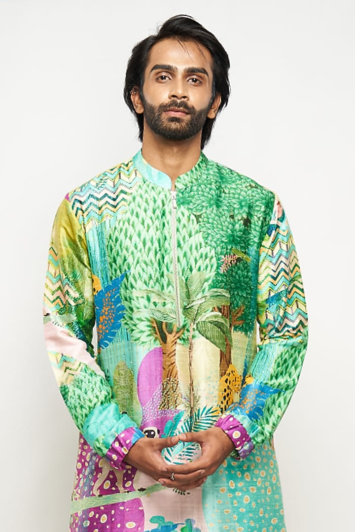 Green Dupion Silk Printed Kurta Set by Payal Singhal Men at Pernia's Pop Up Shop