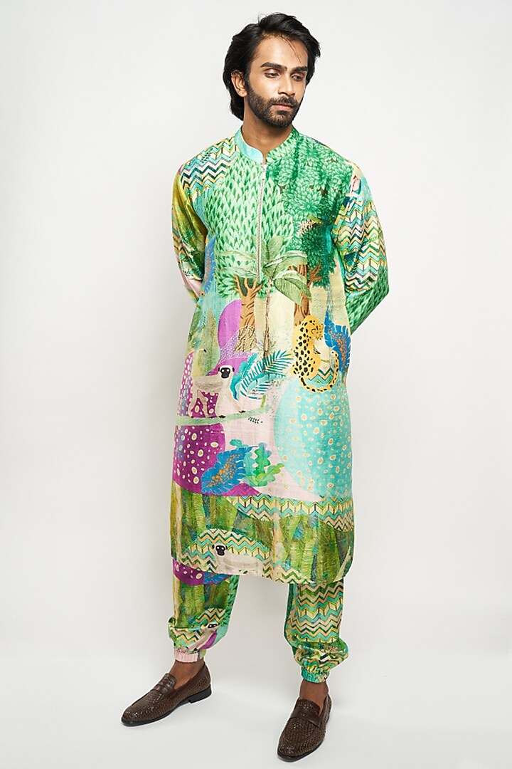 Green Dupion Silk Printed Kurta Set by Payal Singhal Men at Pernia's Pop Up Shop