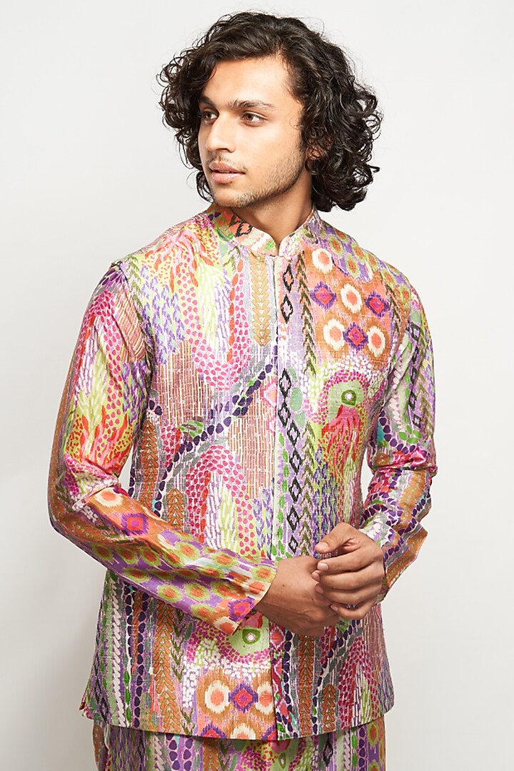 Multi-Colored Dupion Silk African Printed Bundi Jacket Set by Payal Singhal Men at Pernia's Pop Up Shop