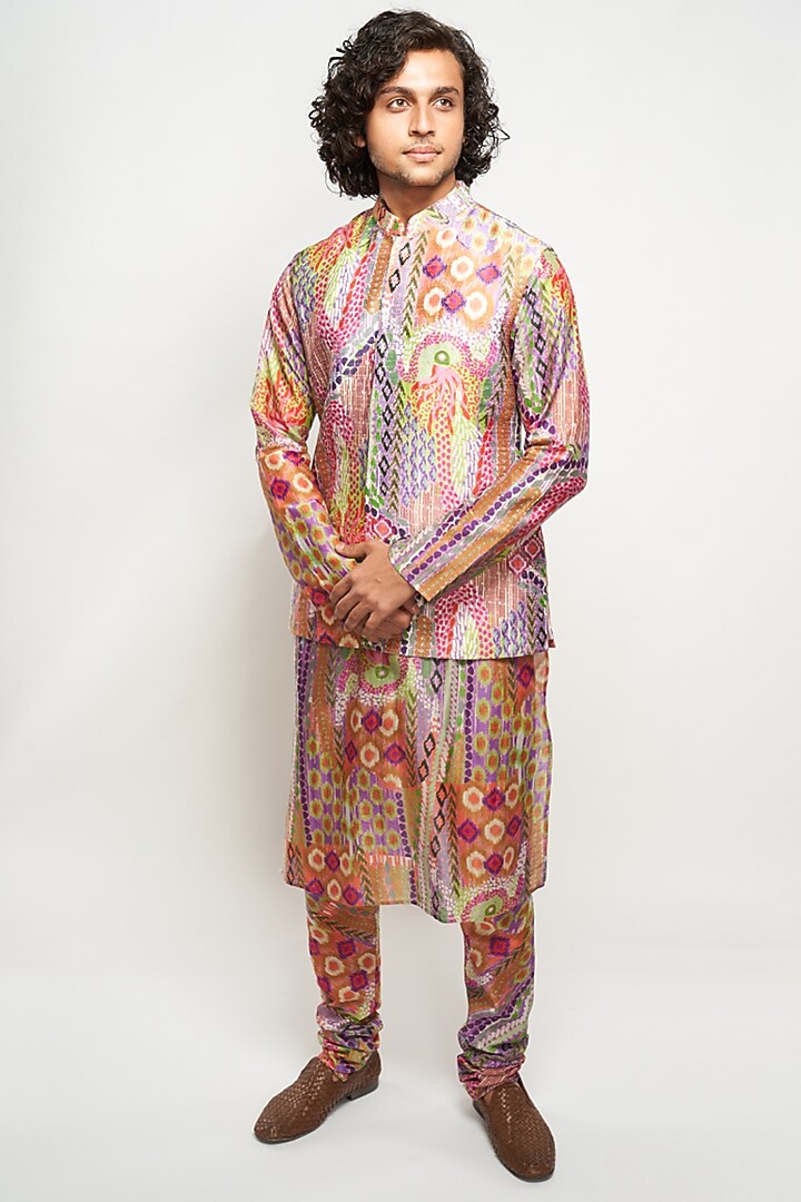 Multi-Colored Dupion Silk African Printed Bundi Jacket Set by Payal Singhal Men at Pernia's Pop Up Shop