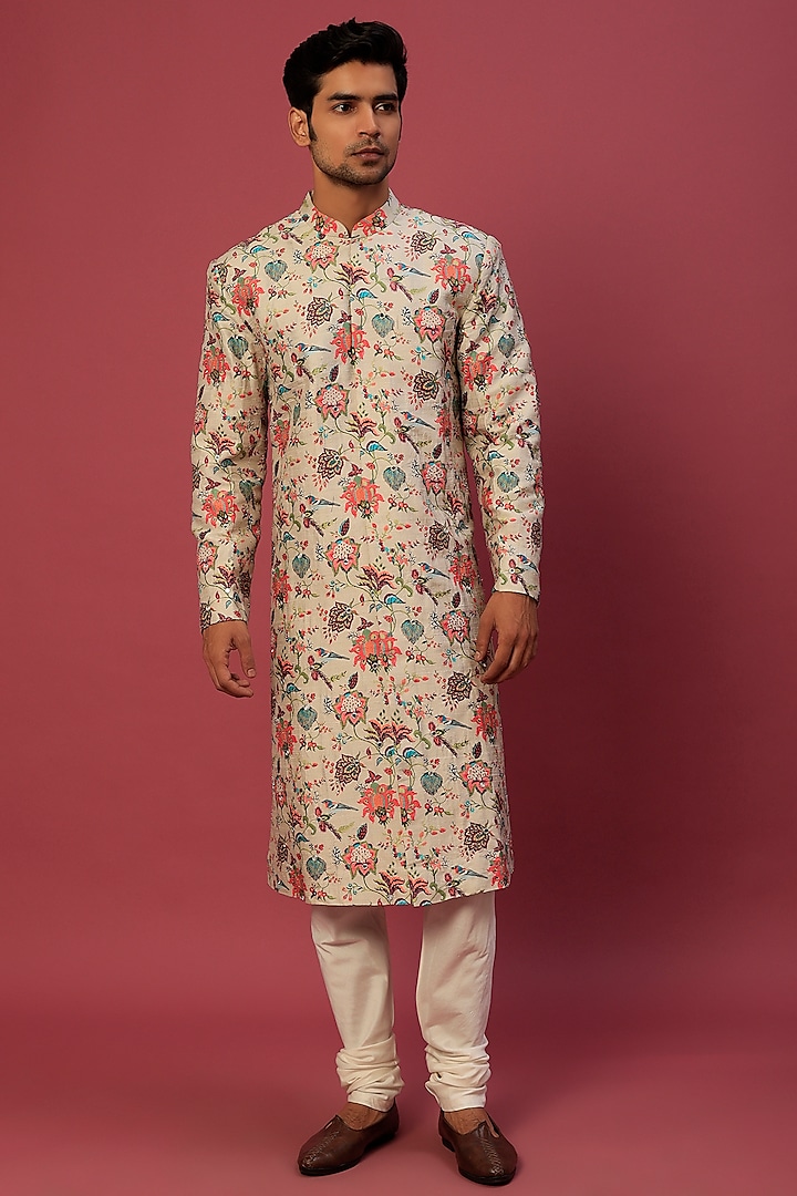 Off-White Embroidered Sherwani Set by Payal Singhal Men