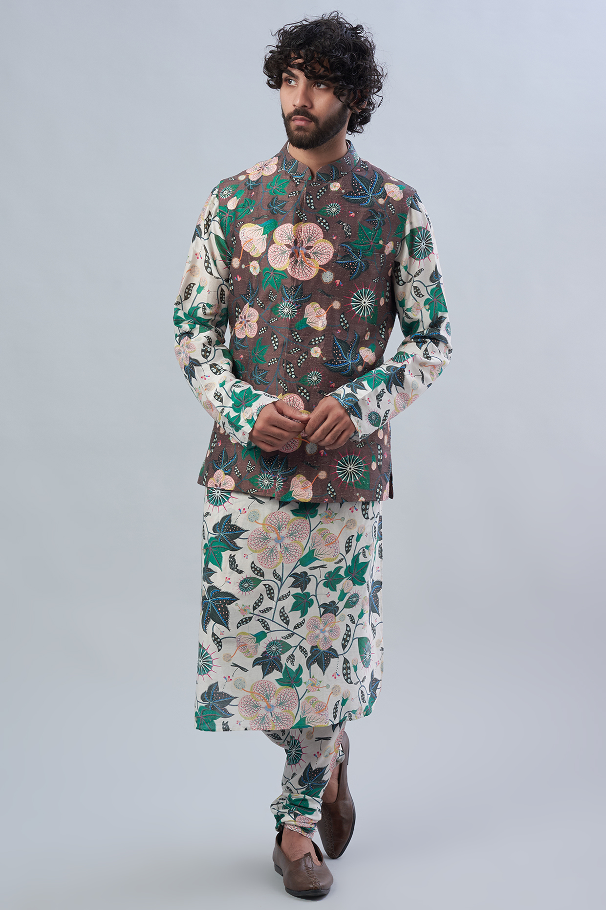 Tamer Brown Dupion Silk Printed Bundi Jacket Set by Payal Singhal Men